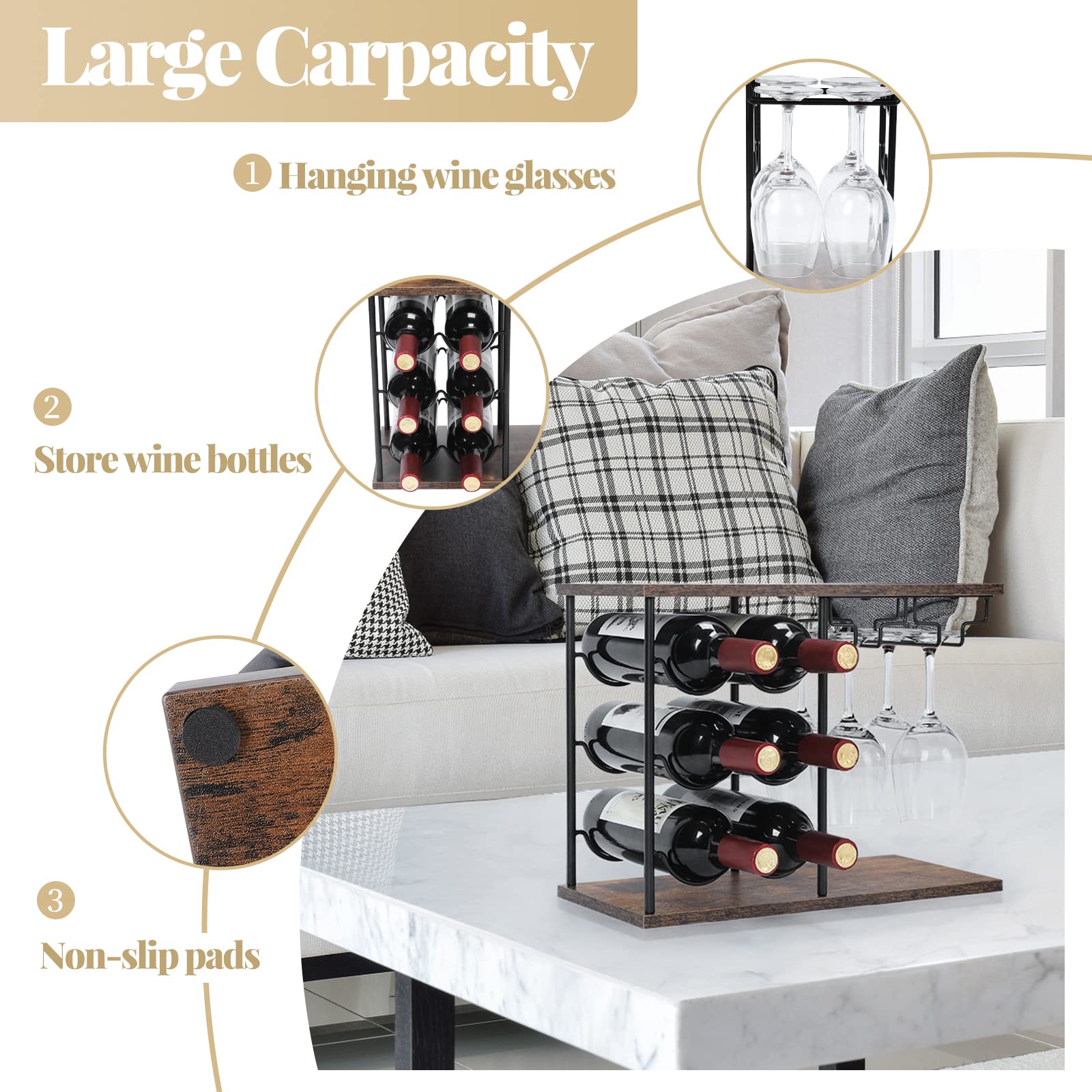 Estante de vino para encimera, estante independiente para botellas de vino con soporte para vidrio, soporte de vino de madera con bandeja para el hogar, bar, mesa de cocina, con capacidad para 5