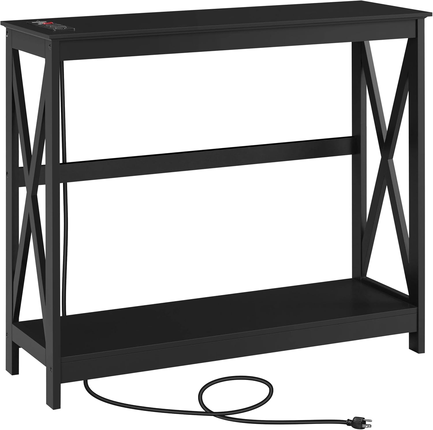 Topeakmart Console Table with Charging Station,Wood Sofa Table Accent Table with X-Shaped Design for Entryway Living Room Hallway, Black