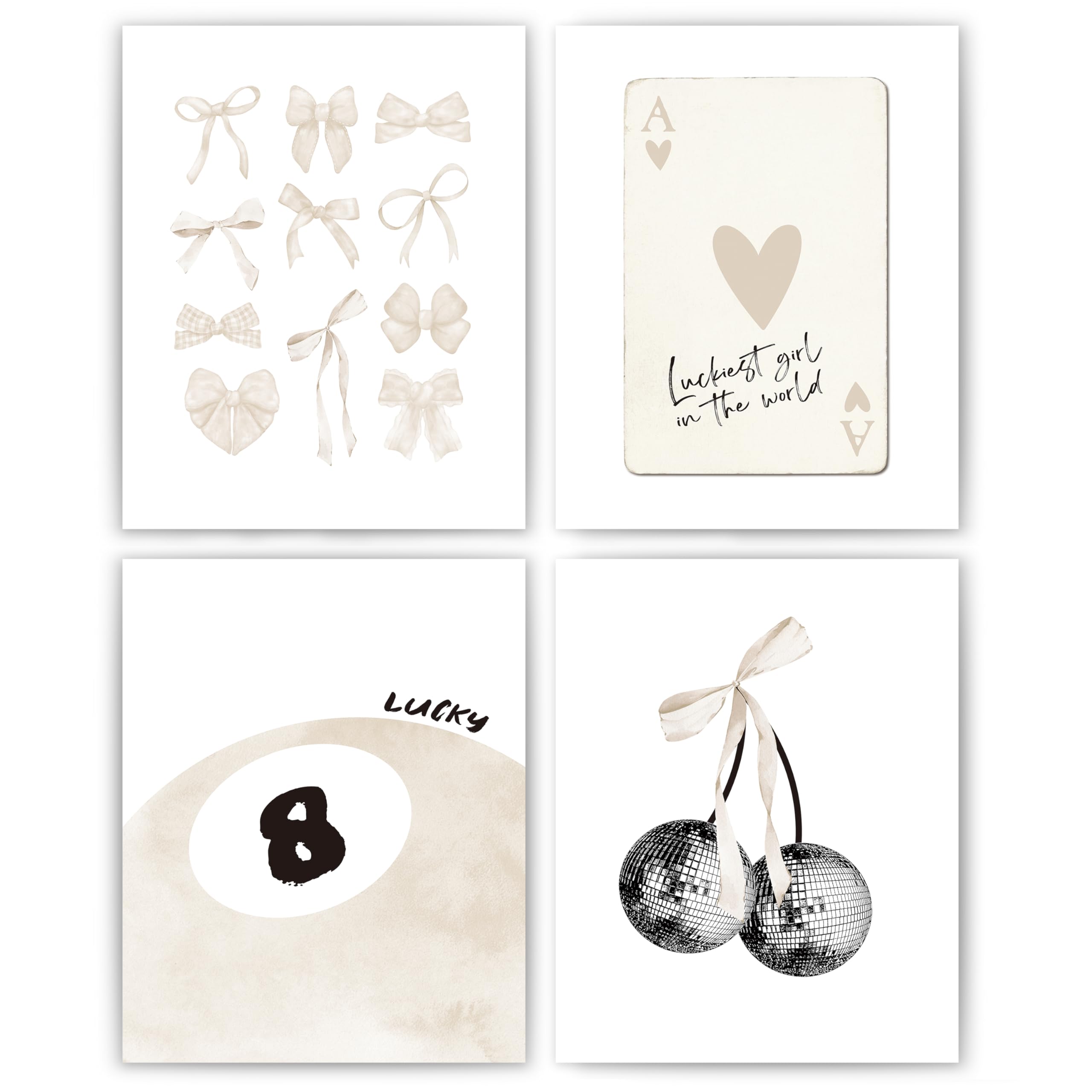 okaxscm Beige Coquette Trendy Preppy Wall Art Prints Set of 4, Coquette Room Decor, Preppy Room Decor Aesthetic, Beige Bow Disco 8 Ball Cherry Wall Decor Posters for Girls Bedroom Dorm, 8x10 Unframed