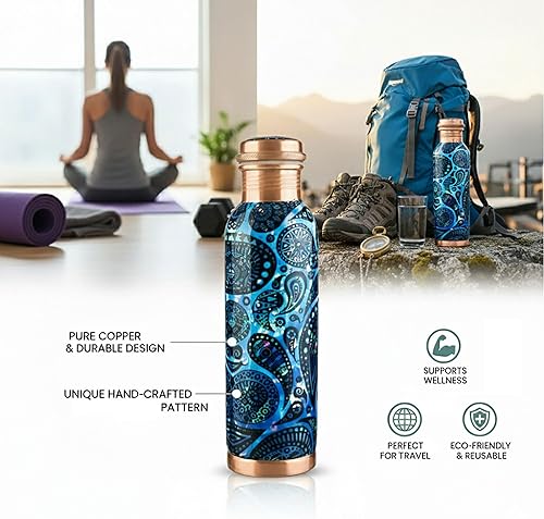 Miniatura 6 de Botella de agua de cobre con estampado puro, a prueba de fugas, recipiente de cobre ayurvédico para deportes, gimnasio, aire libre, yoga, beneficios