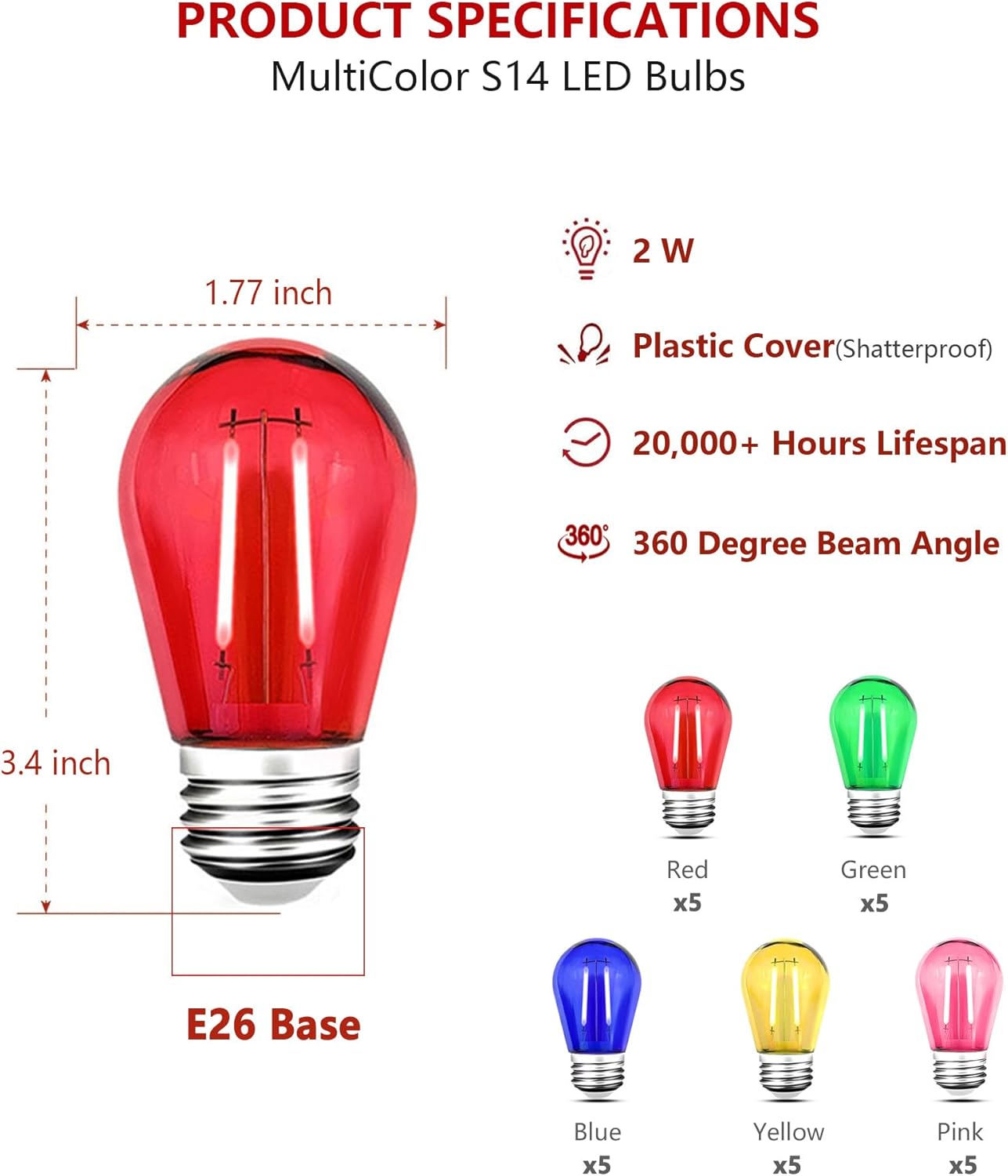 25 Pack S14 Colored LED Light Bulb 2 Watt Multi-Color String Light Bulbs Plastic Shatterproof E26 Base LED Filament Outdoor Replacement Christmas Light Bulbs(Red Green Blue Pink Yellow)