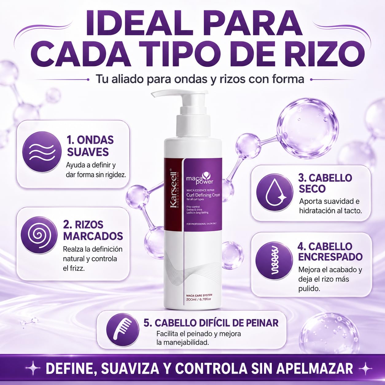 Karseell MACA CARE SYSTEM Crema Definidora de Rizos con Aceite de Argán Colágeno Coco Jojoba Hidratante Nutritiva Reparadora Antiencrespado Antifrizz Cabello Rizado Seco Dañado Brillo Suavidad 200ml