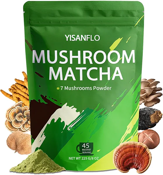 YISANFLO Mushroom Matcha for Energy, Focus, Digestion, Immunity, Turkey Tail, Shiitake, Lion's Mane 8 Oz(45 Servings) (Mushroom Matcha)