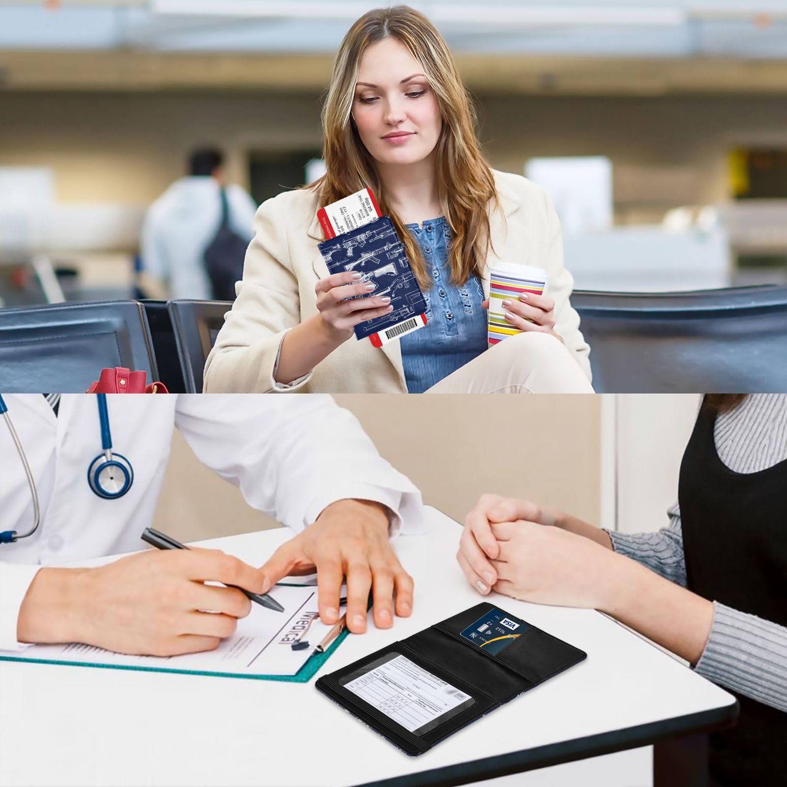 Custodia porta passaporto in pelle blu navy con motivo armi disegnate da linee bianche, porta passaporto, con scomparto per carte di vaccino, leggera