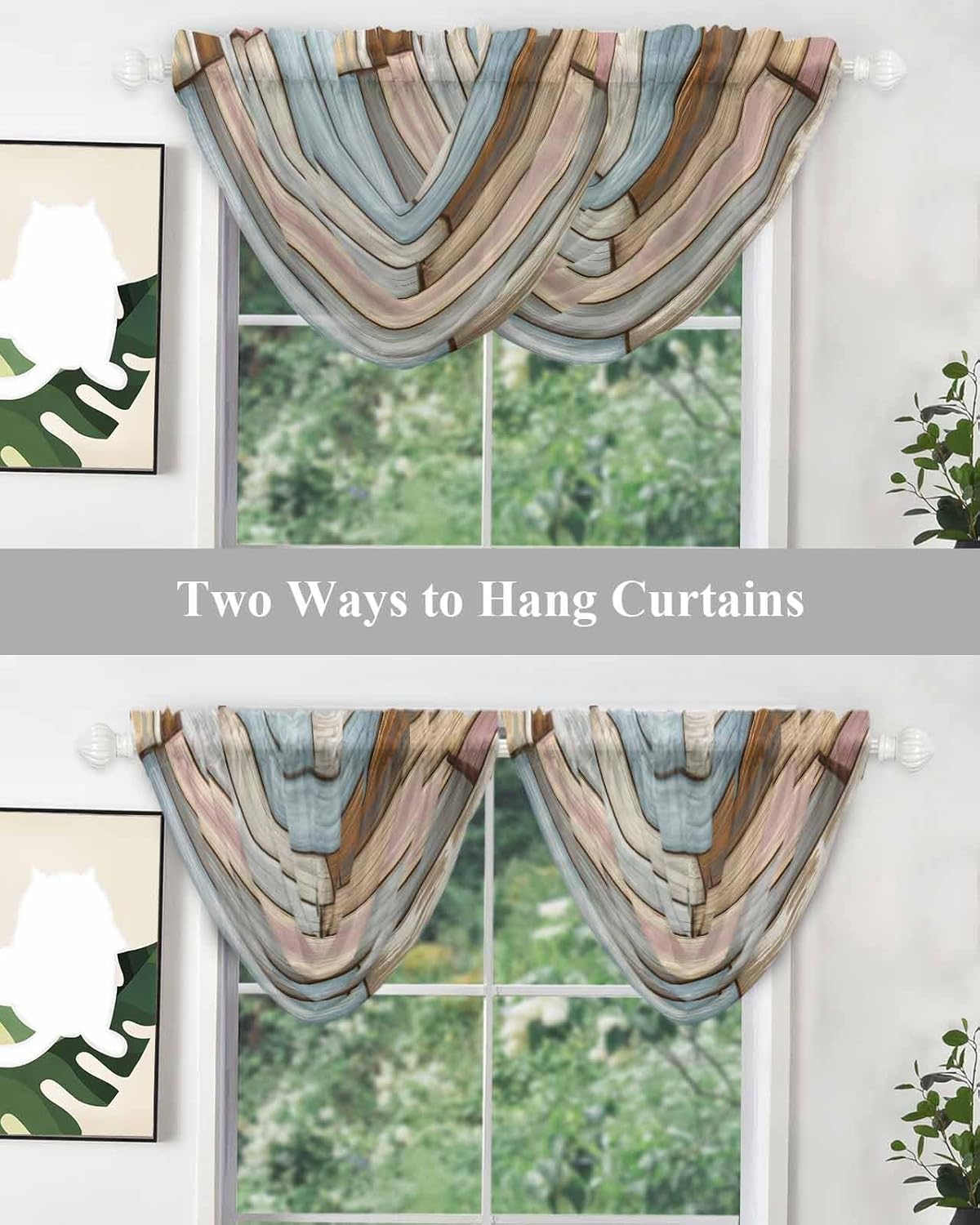 Blue Brown Pink Farmhouse Sheer Waterfall Valance Curtains for Window, Vintage Rustic Wooden Texture Rod Pocket Sheer Topper Swag Curtains for Living Room, Kitchen 38.5" W x 47.2" L, 3 Panels