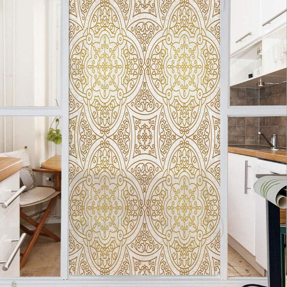 Decorative Window Film,No Glue Frosted Privacy Film,Stained Glass Door Film,Victorian Mandala Motifs Curled Classical Ethnic Oriental Tile Outline Decorative,for Home & Office,23.6In. by 78.7In Gold Y