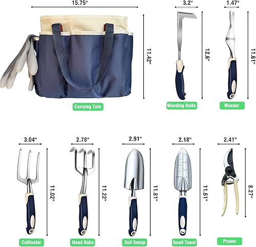 Miniatura 2 de Juego de herramientas de jardinería, 9 piezas de herramientas de jardín de aluminio resistentes con asas antideslizantes y bolsa de herramientas
