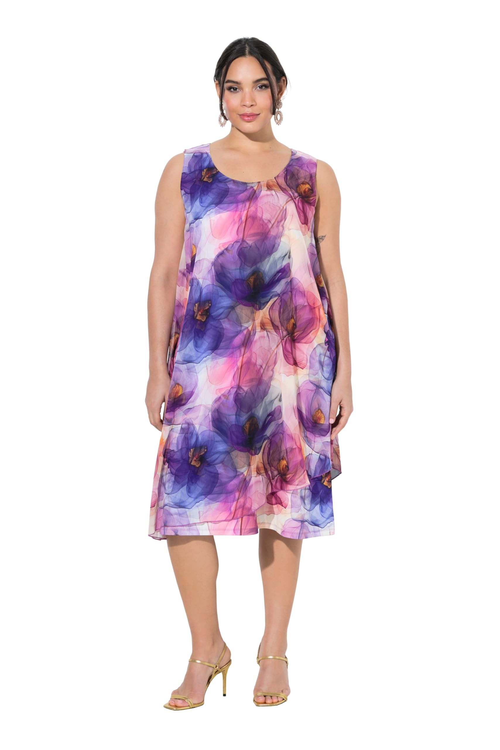 Ulla Popken Damen große Größen Übergrößen Plus Size Chiffonkleid, Blüten, A-Linie, Rundhals, ärmellos 849358