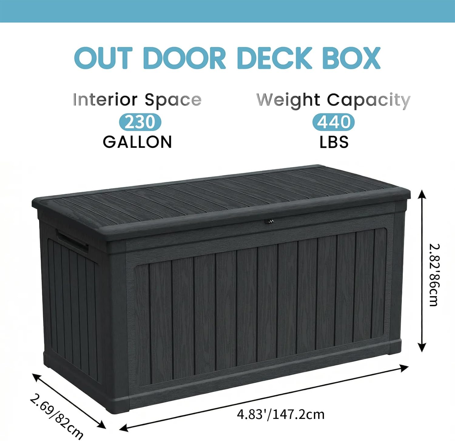 230 Gallon Lockable Resin Deck Box, Waterproof Outdoor Storage Box for Patio Furniture Cushions, Garden Tools & Pool Accessories Storage, Black