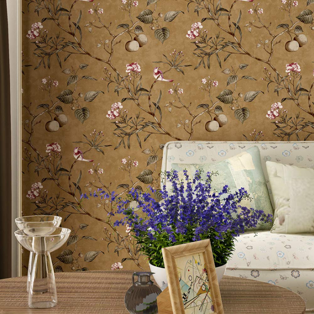 Fruit Tree Flowers Birds Elegant Country Vintage Style Clothing Store Cafe Restaurant Bedroom Living Room TV Background Wall Non-Woven Wallpaper 20.87Wx393.7L Non-Pasted (Vintage Yellow) - Image 2