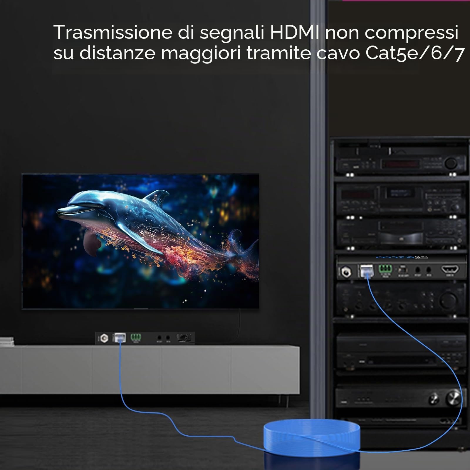 ROFAVEZCO HDMI Extender over Ethernet, 4k60 non compresso 18G/BPS su singolo Cat5/6 fino a 40m(165ft), RS232+POE+IR+HDCP2.2, HDR e Atmos, CEC, EDID Management.