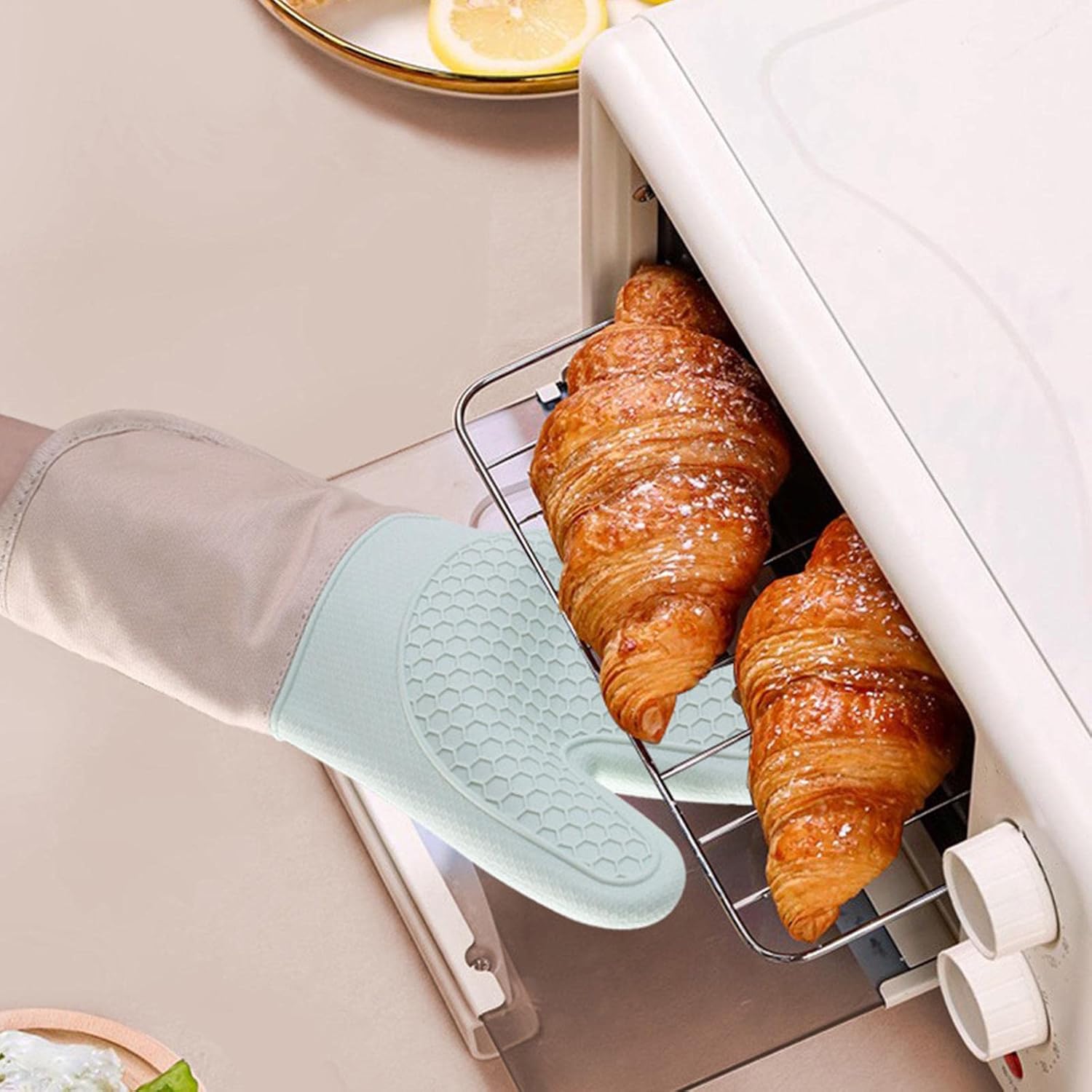 Kitchen Oven Gloves Cotton Double-Layer Heat Mitts hot Oven Gloves Grill Gloves Resistant(E)