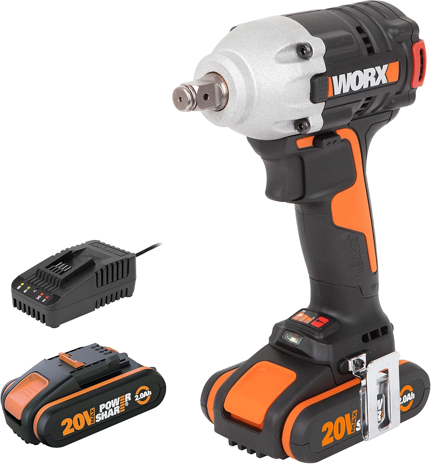 WORX 20V WX272 Cordless Impact Wrench, Max Torque, 300 Nm, 3 Speed, Brushless Motor, Compact and Lightweight, with Hook and Screw End, with 2 x 2Ah Batteries and Fast Charger
