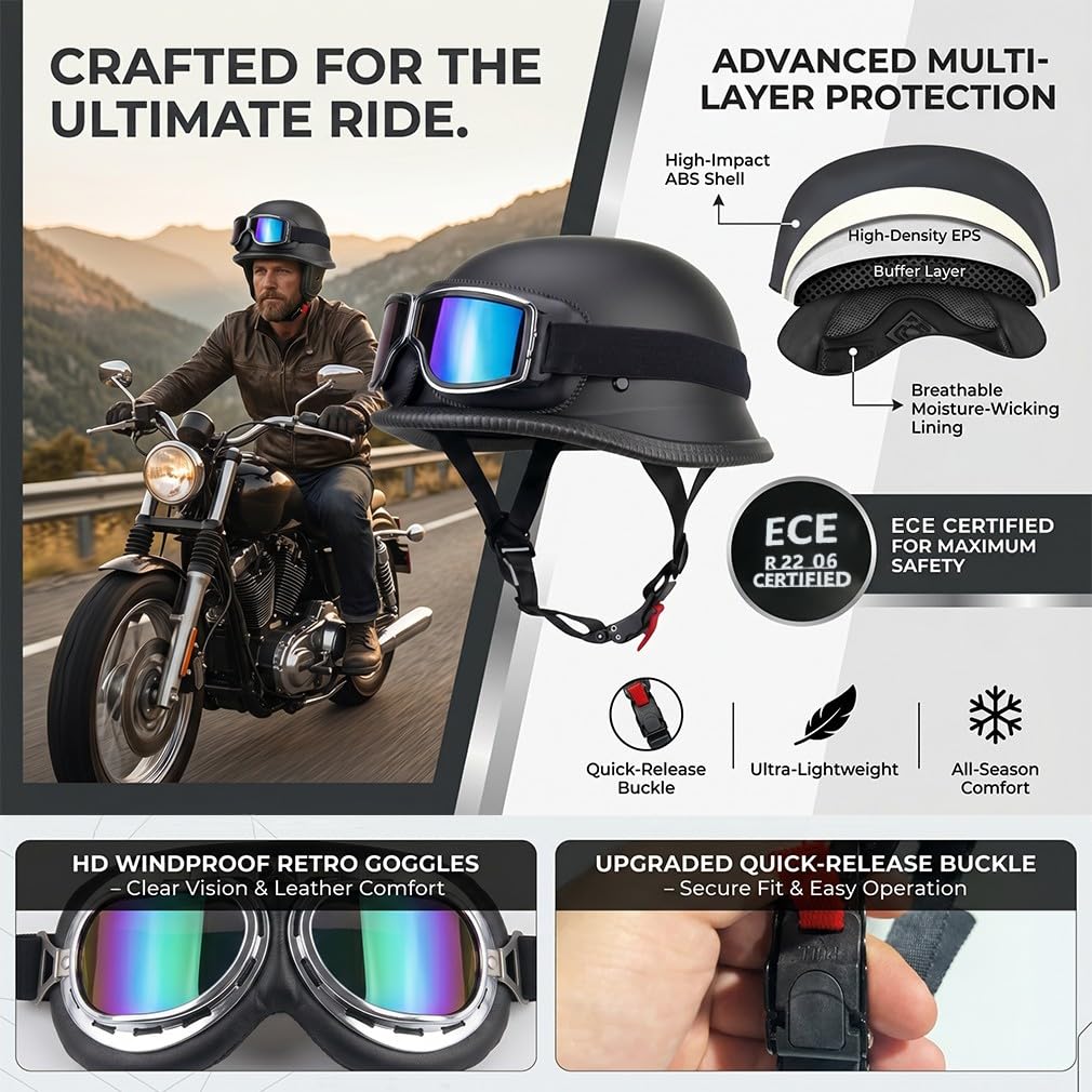 Retro Deutsche Halbhelm Öffnen Motorradhelm Halboffenen Halbschalenhelm ECE Genehmigt Jethelm Offenem Helm Mit Brille Cruiser Chopper Helm Mopedhelme Geeignet Erwachsene MäNner Frauen
