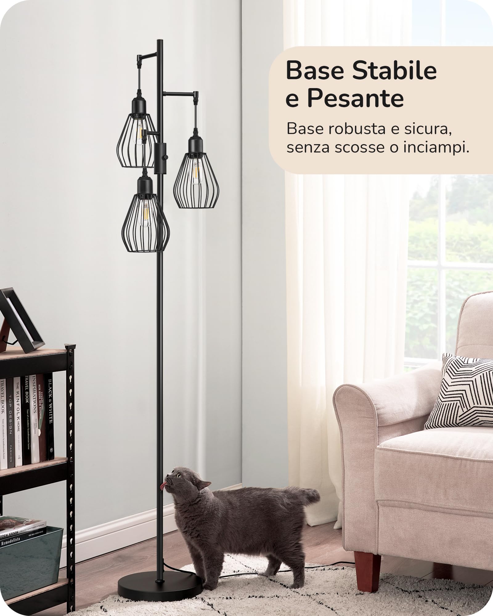 EDISHINE Lampada da terra industriale per soggiorno, 3 lampadine LED E27 incluse, bianco caldo 2700K, paralume in gabbia di metallo nero Lampada da terra design vintage retrò dimmerabile, 166 CM