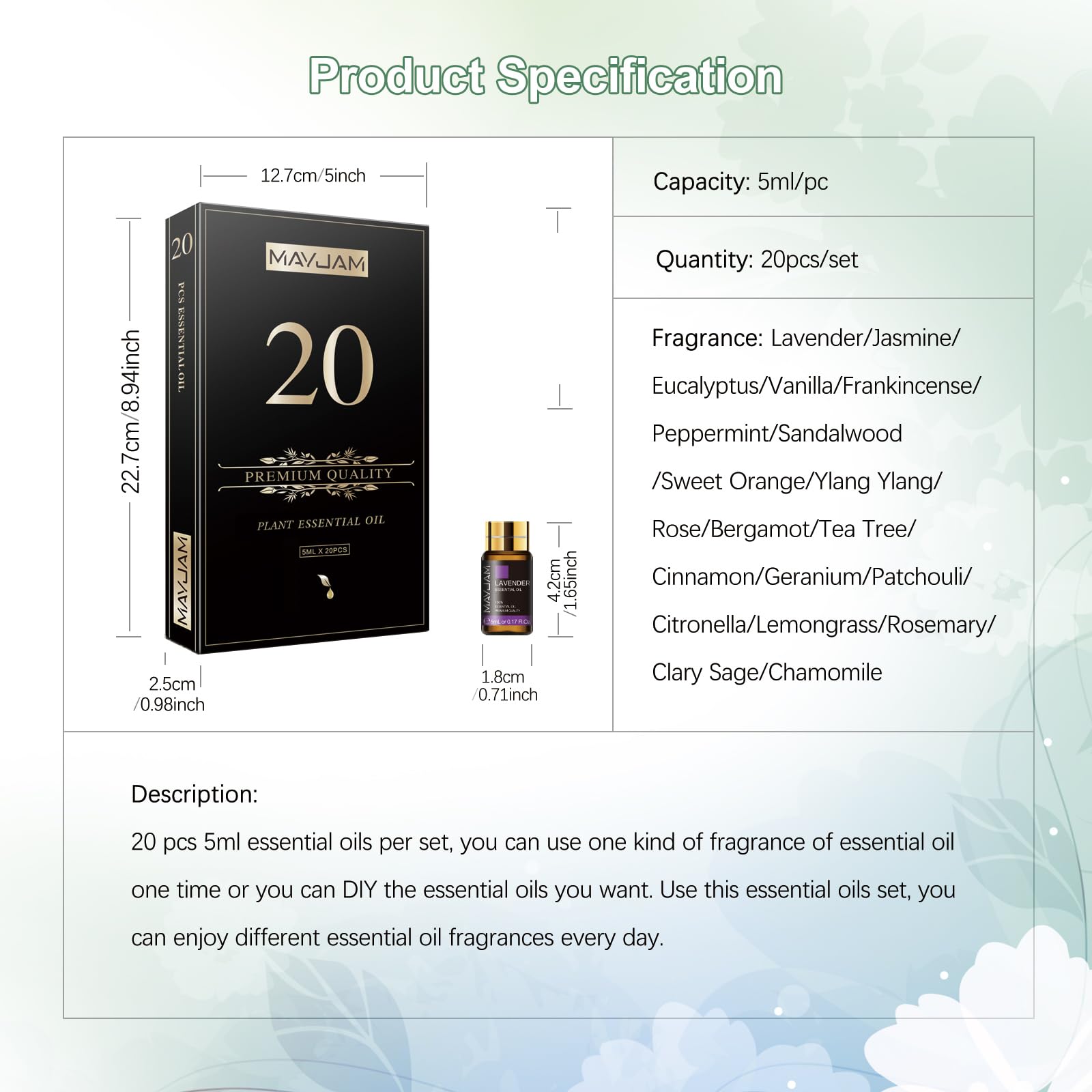 MAYJAM Juego De Aceites Esenciales 20pcs, Set De Regalo De Aceites Esenciales Para Difusor, Humidificador - Lavanda JazmíN Eucalipto Vainilla SáNdalo Naranja Dulce Rosa Bergamota Y MáS