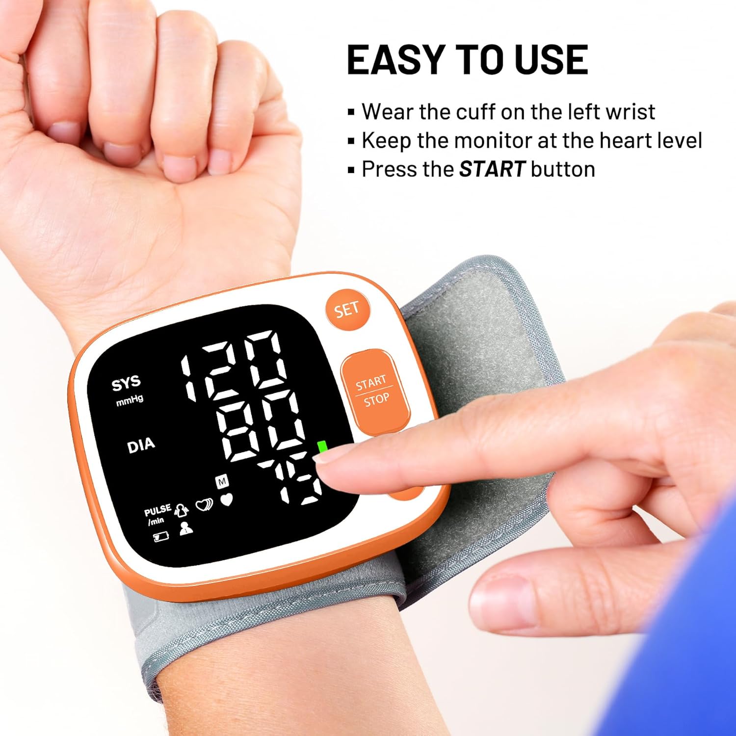 Oklar Blood Pressure Monitors for Home Use Rechargeable Wrist Digital BP Machine Cuff with LED Backlit Display, Voice Broadcast, 240 Memory Storage for 2 Users with Carrying Case, Orange