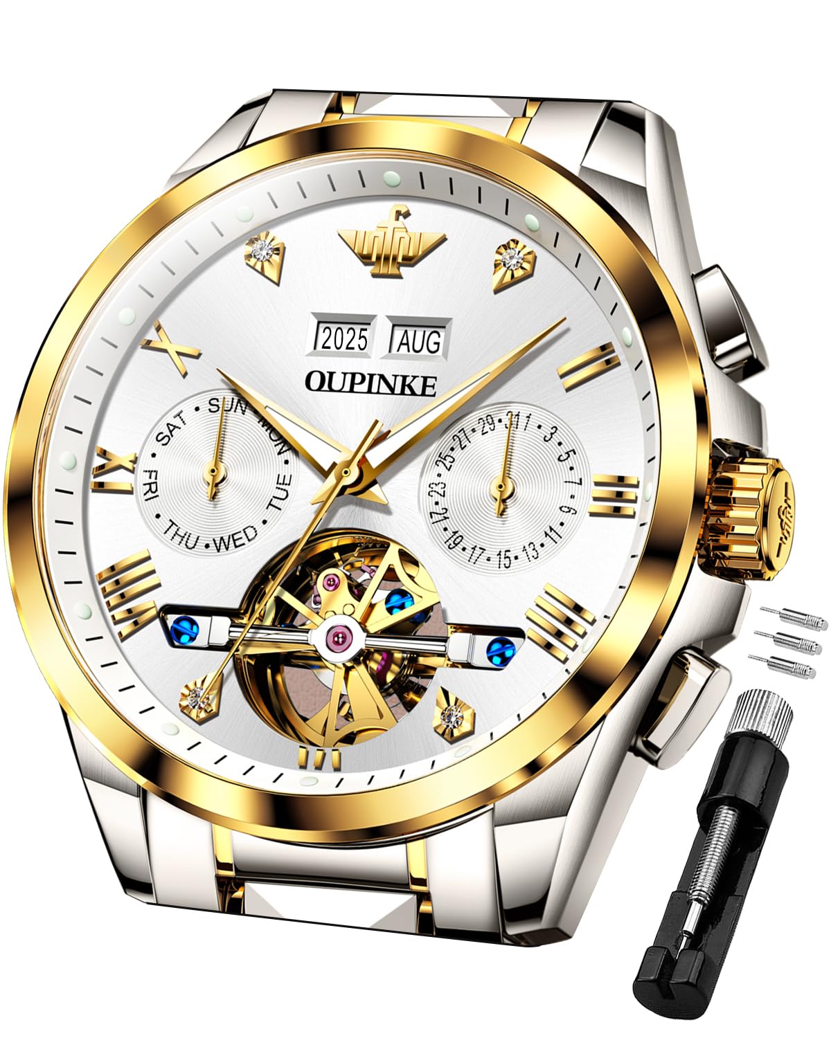 Men's Automatic Watch 44mm Big Dial,Luxury Mechanical Wristwatch,Sapphire Crystal Glass,50M Waterproof, Tungsten Steel with Date Display-image-13