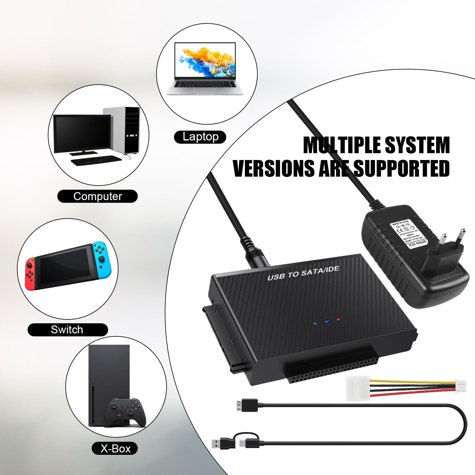 Adattatore USB 3.0 a SATA IDE per sare 2,5/3,5 pollici e IDEHDD/SSD, adattatore per disco rigido esterno con cavo usb e cavo SATA e alimentatore da 12 V/2 A