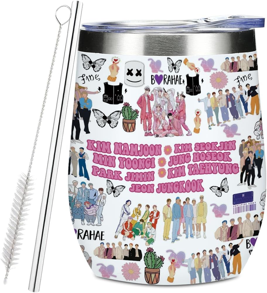 Funny K Pop Character Korean Group Army Wine Tumbler, 12oz Tumbler with Lid, Insulated Wine Glass Stainless Steel Travel Coffee Mug,Singer Inspired Song Idea Gift for Womn Girls Boys Fans Christmas