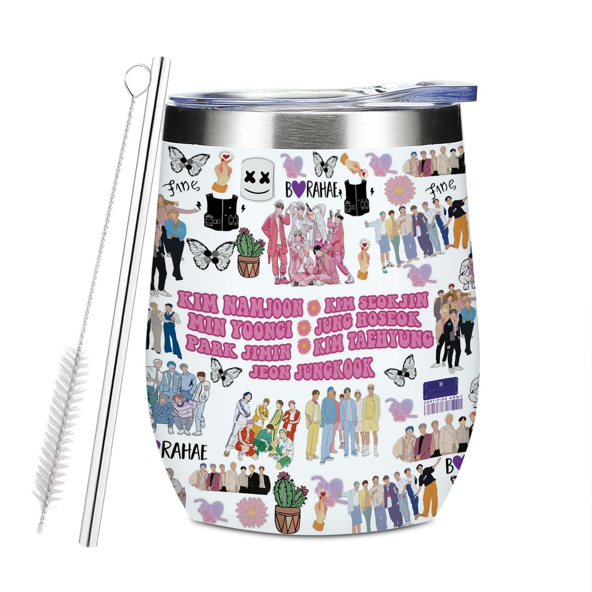 Funny K Pop Character Korean Group Army Wine Tumbler, 12oz Tumbler with Lid, Insulated Wi…