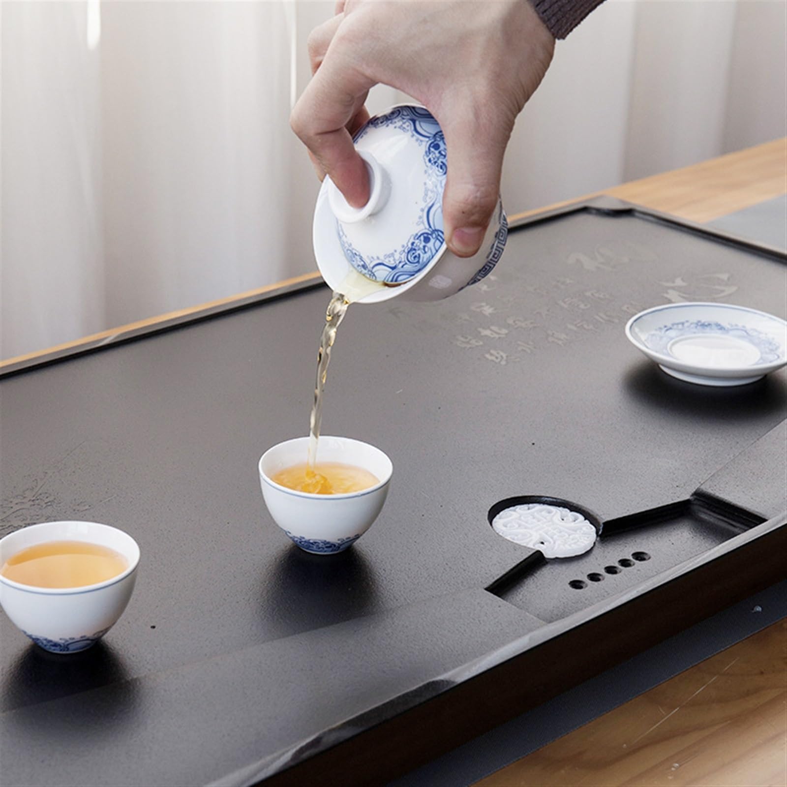 Juego de bandejas de té de ébano natural para té de Kung Fu con bandejas de servir, mesa de té grande y pequeña para el hogar, diseño simple (50 x 30 x 3 cm)