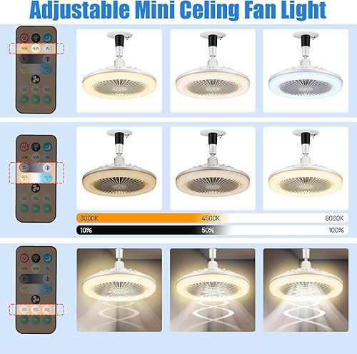 Miniatura 5 de Saillong Paquete de 2 ventiladores de techo cerrados con luz y control remoto, ventilador de techo E27 de 10 pulgadas sin aspas con luz LED