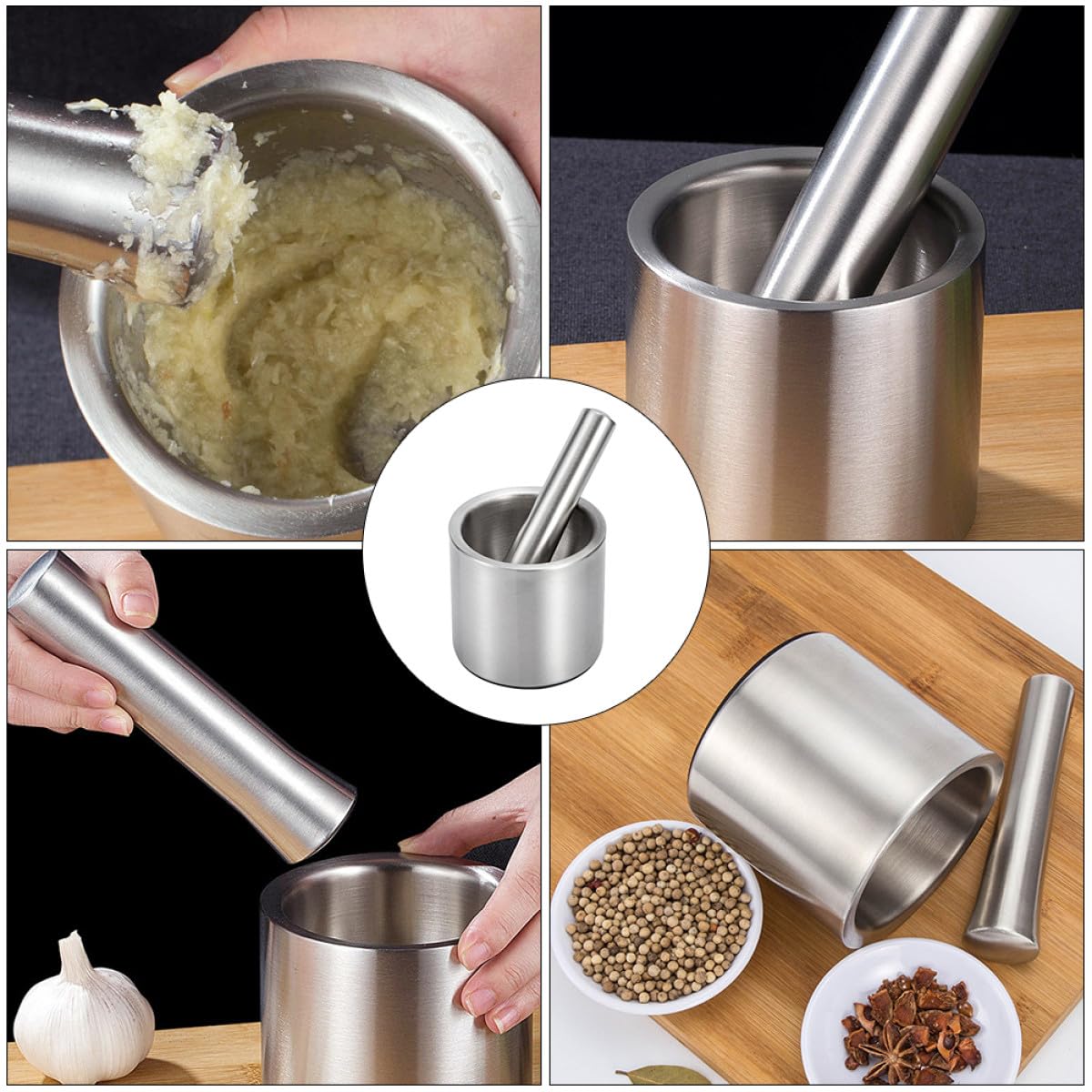 CLISPEED Mortero de Cocina Acero Inoxidable 15 CM Cuenco y Martillo Manual, Antideslizante, para Moler Hierbas, Frutos Secos y Uso Doméstico