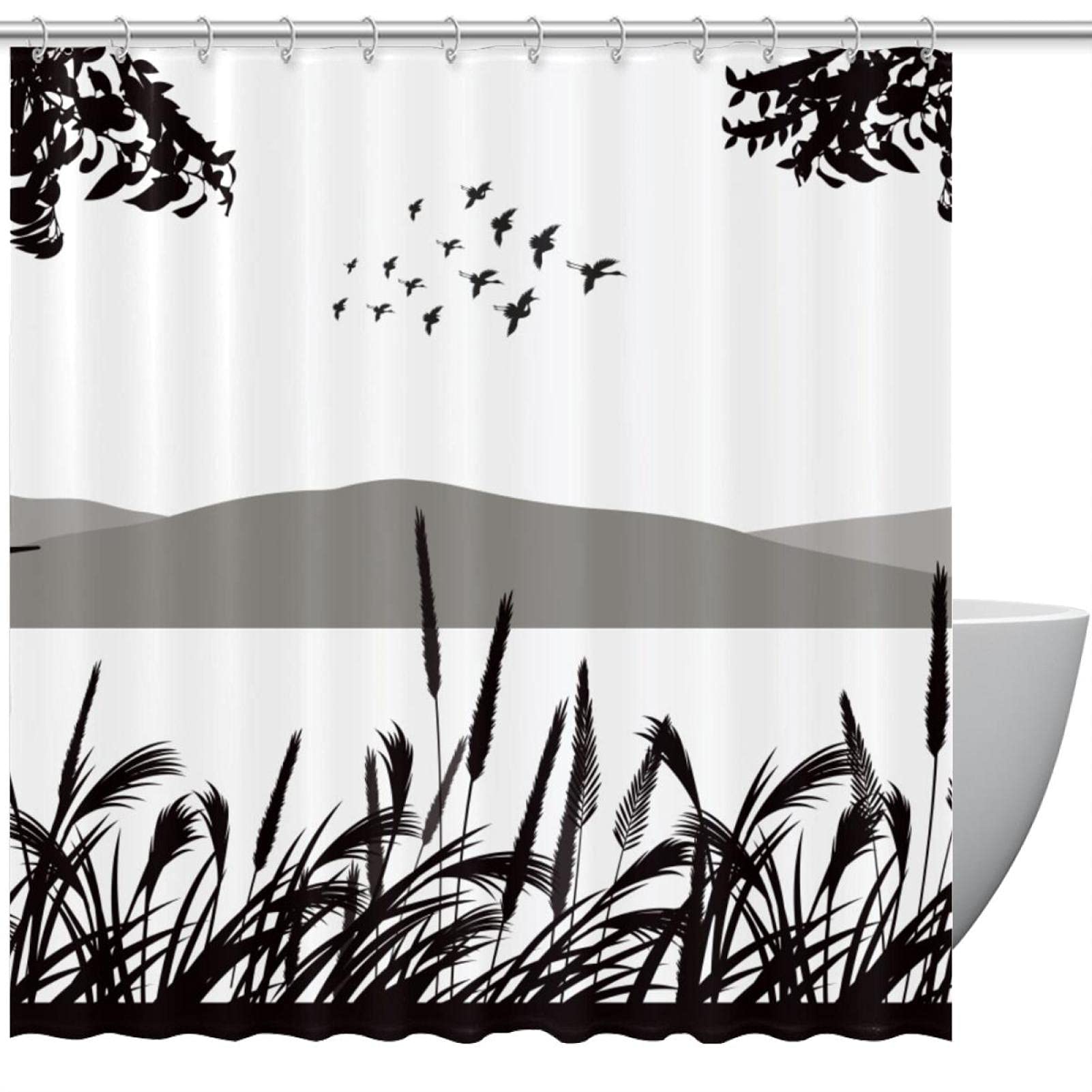 Rideau de douche noir et blanc anti-moisissure à motifs oiseaux chinois 183 cm textile lourd