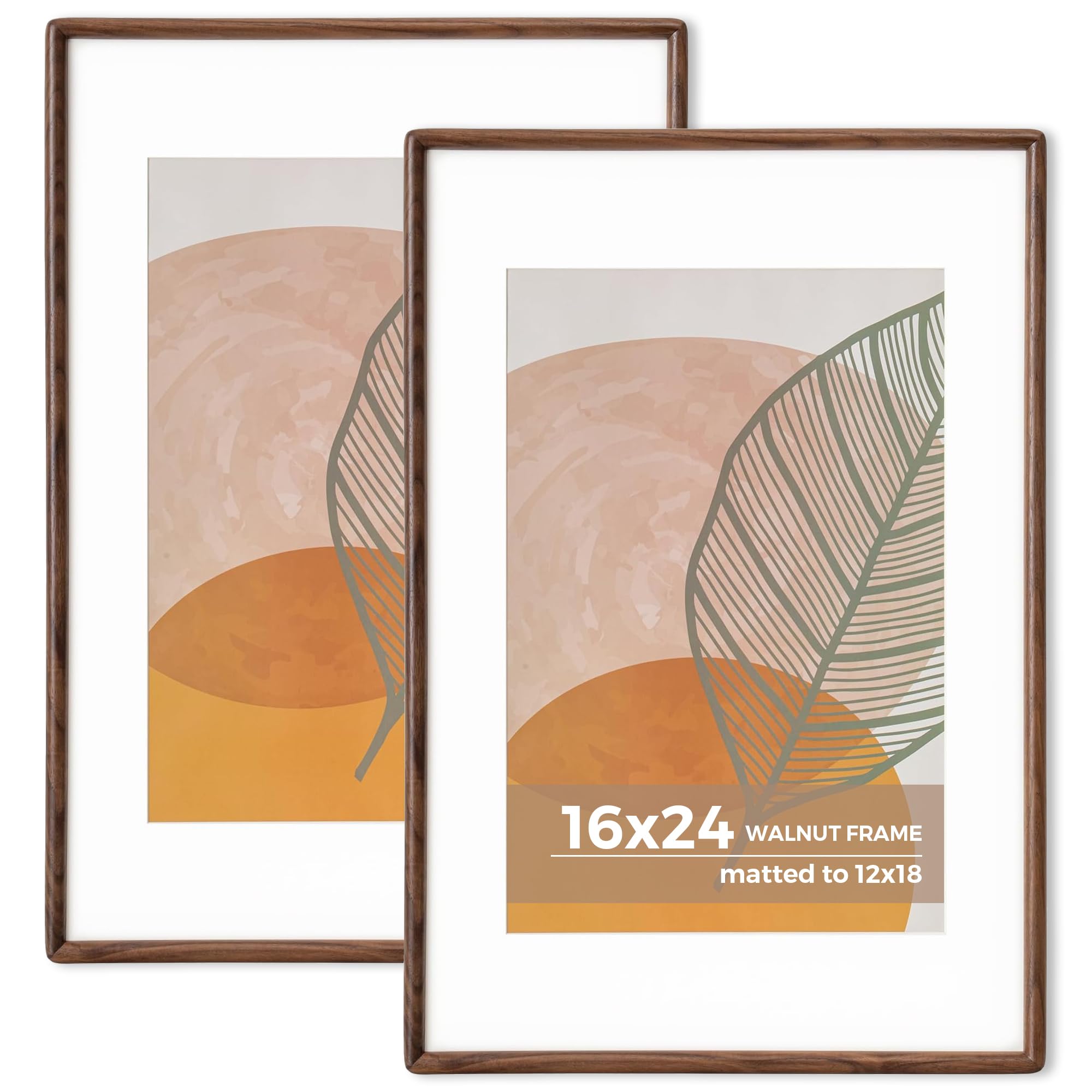 Axeman 16x24 Walnut Poster Frame Set of 2 - Rounded Corner 16 x 24 Picture Frame Matted to 12x18 - Natural Walnut Wood Poster Frame with Tempered Glass for Wall Mount Display