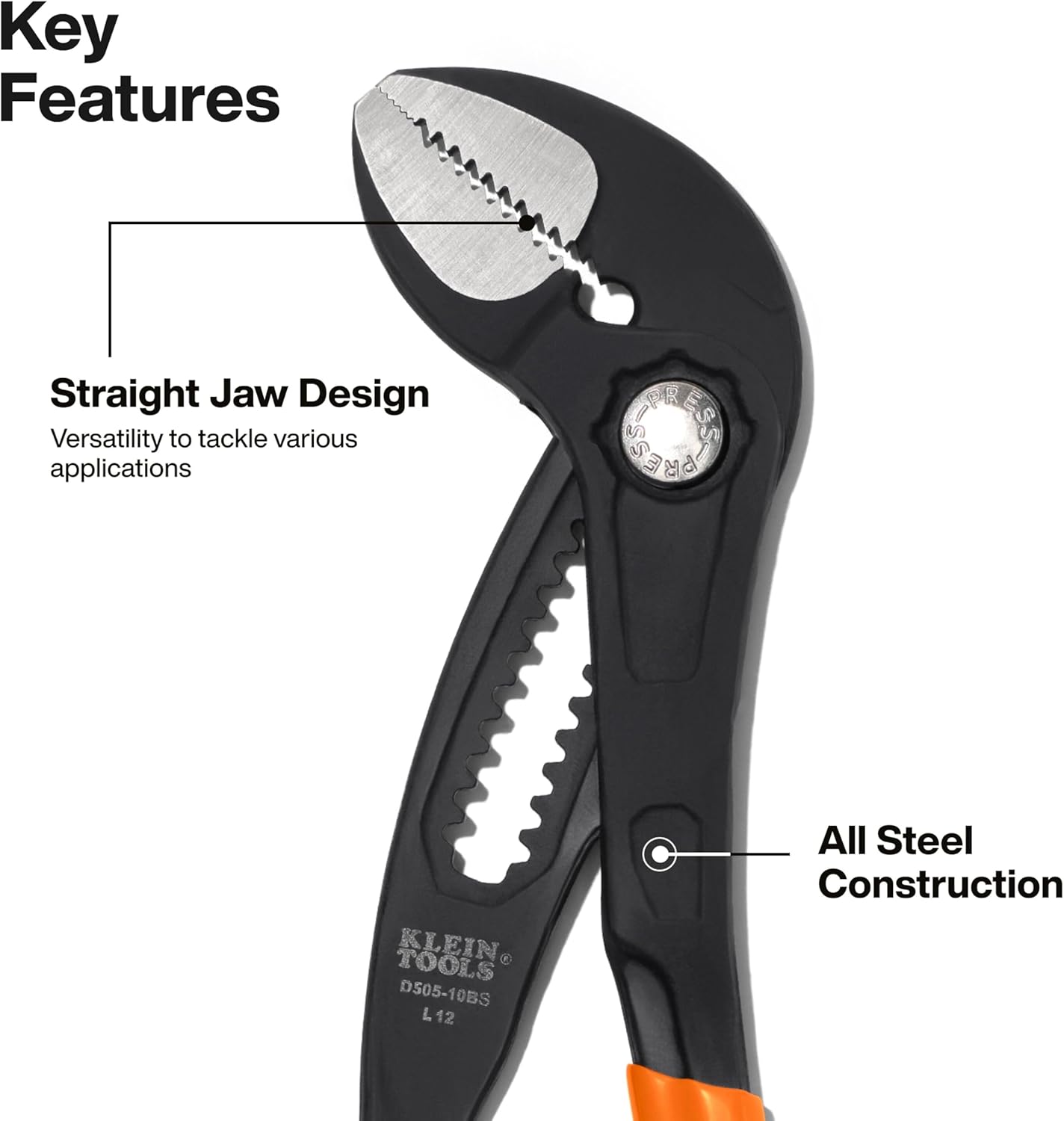 Klein Tools D50510BS 10-Inch Straight Jaw Quick-Adjust Pump Pliers, Adjustable Pliers, Heavy-Duty Hand Tool with Serrated Teeth