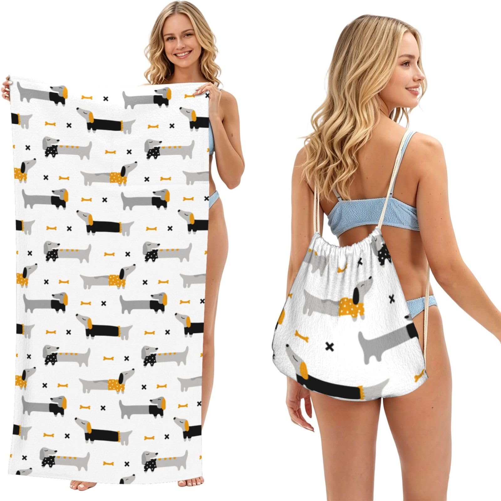 Poadnly As Picture Dachshund, 2 In 1 Packable Towel Bag, Beach Towels With Drawstring Backpack For Travel Holiday Camping