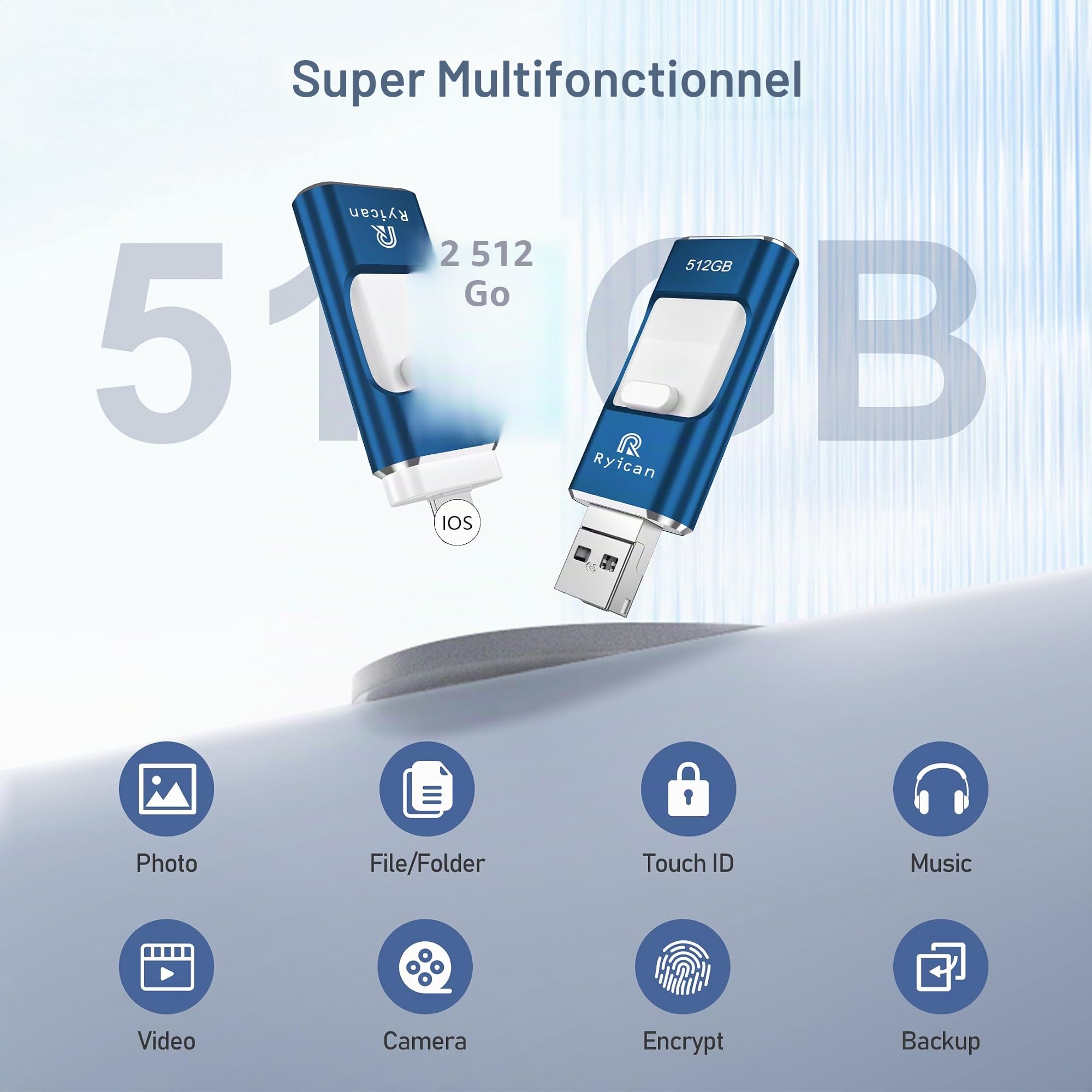 Clé USB pour Phone,Ryican 512Go Clef USB Sauvegarde en Clic USB 3.0 Photostick Externe Mémoire 4 in 1 Pendrive pour iOS/Android/PC/Smartphone/Tablette/PC/Mac,avec Fonction Protection par Passe(Bleu)