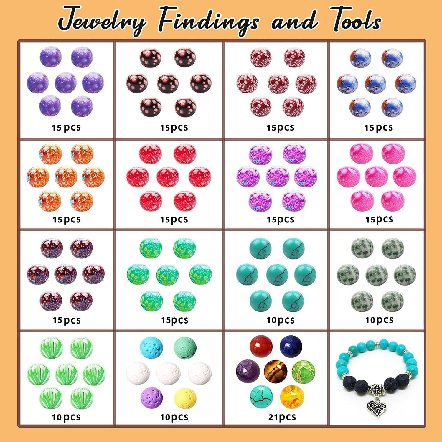 Acrylic Patterns Round Loose Beads for Jewelry Making Kit,FEEIN 8mm 453pcs Lava Rock Beads Bulk with Chakra Beads for Bracelet Earring Necklace Making,Jewelry Making Supplies