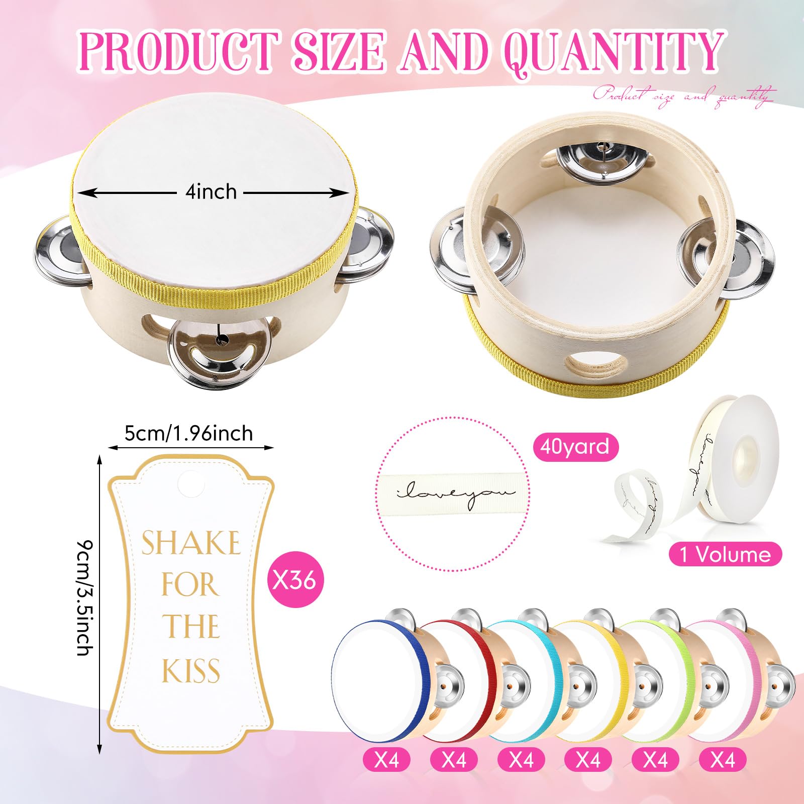 Set di 24 tamburelli da 10,2 cm per adulti, in legno, con sonagli in metallo, etichette regalo, nastro bianco stampato con scritta "I Love You", strumento musicale a percussione per chiesa