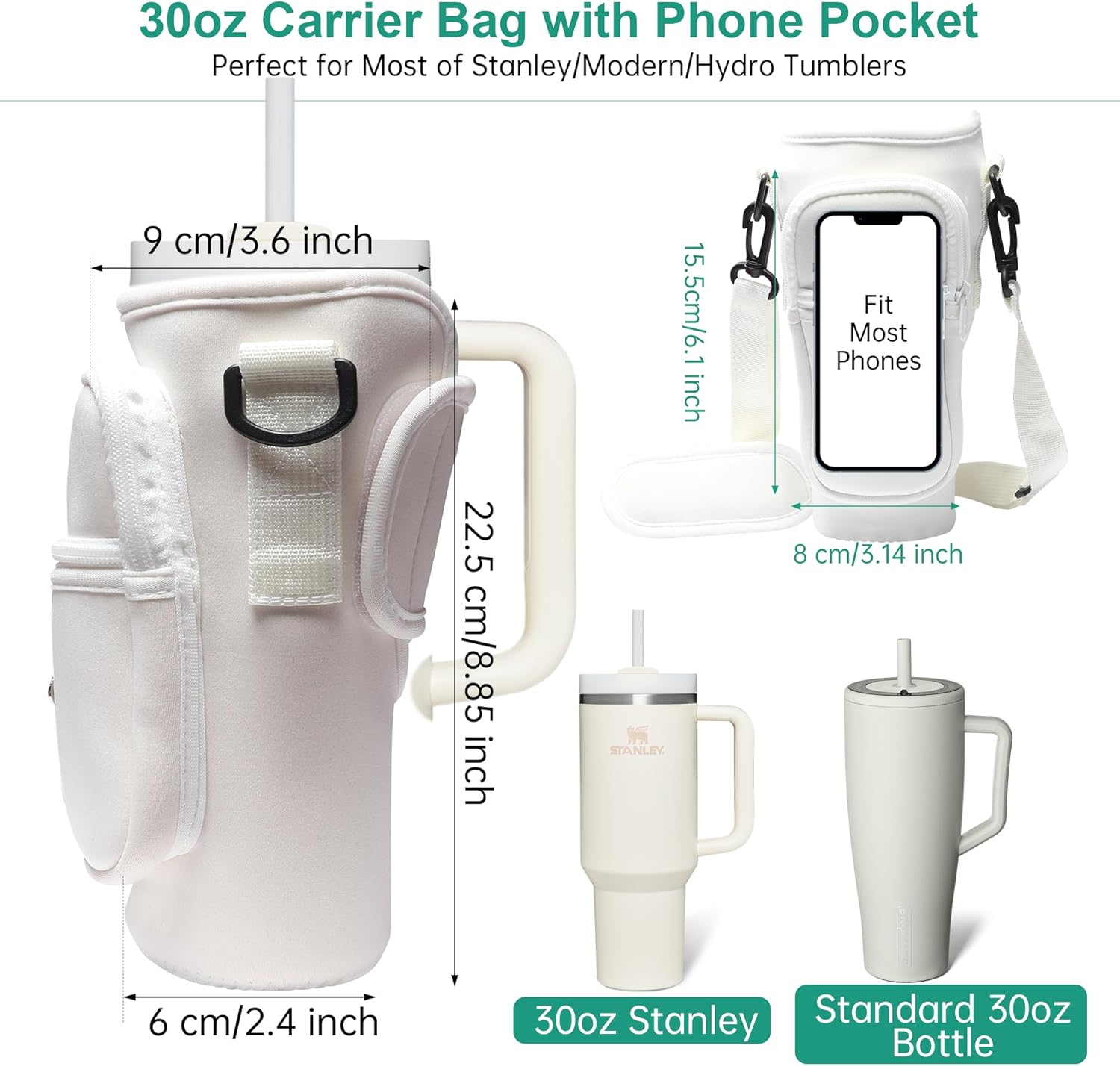 Water Bottle Carrier Bag with Strap for Stanley Cup 40oz/30oz with Phone Pocket, Neoprene Cross-Body Insulated Water Bottle Holder for Tumbler with Handle, Stanley Cup Accessories - Image 2