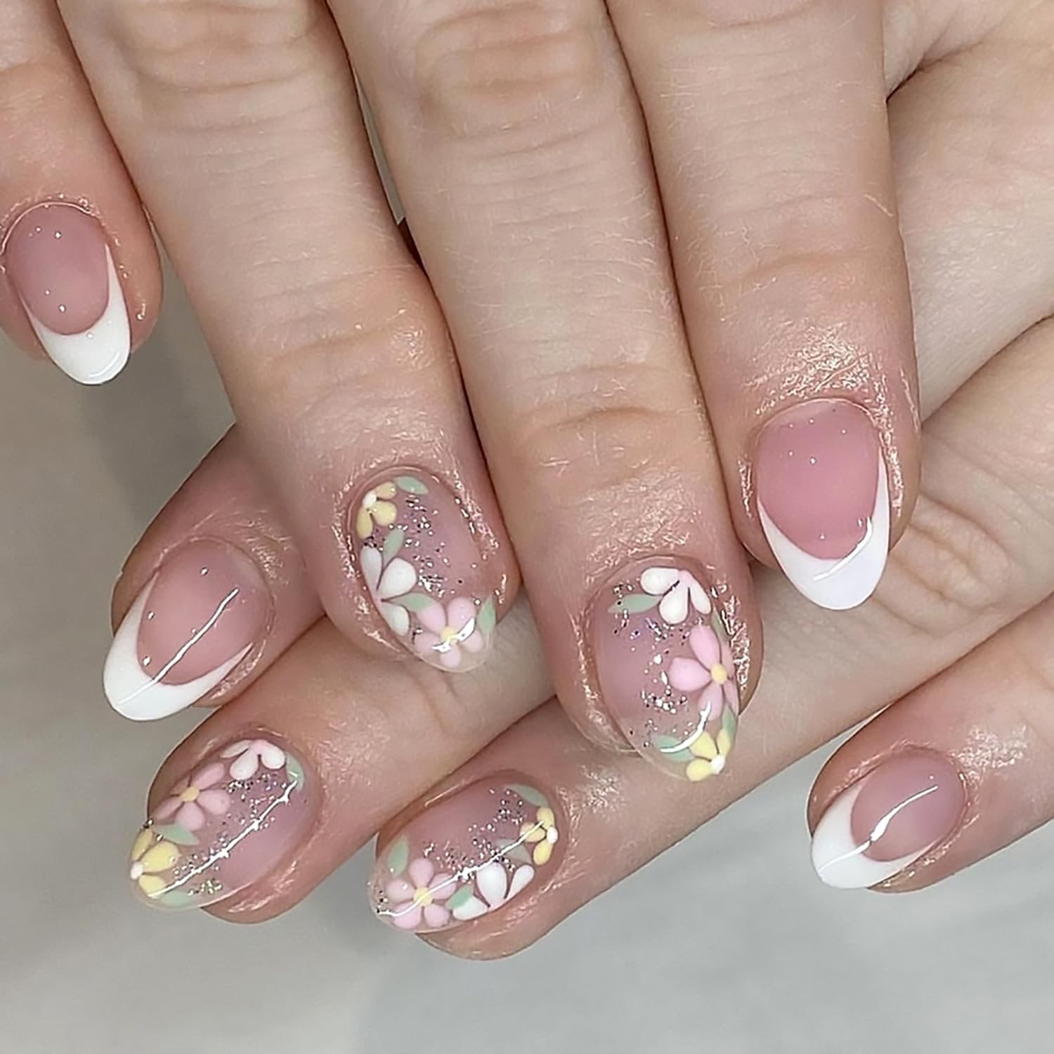 Colorful Flowers Press on Nails - Floral Glitter Design