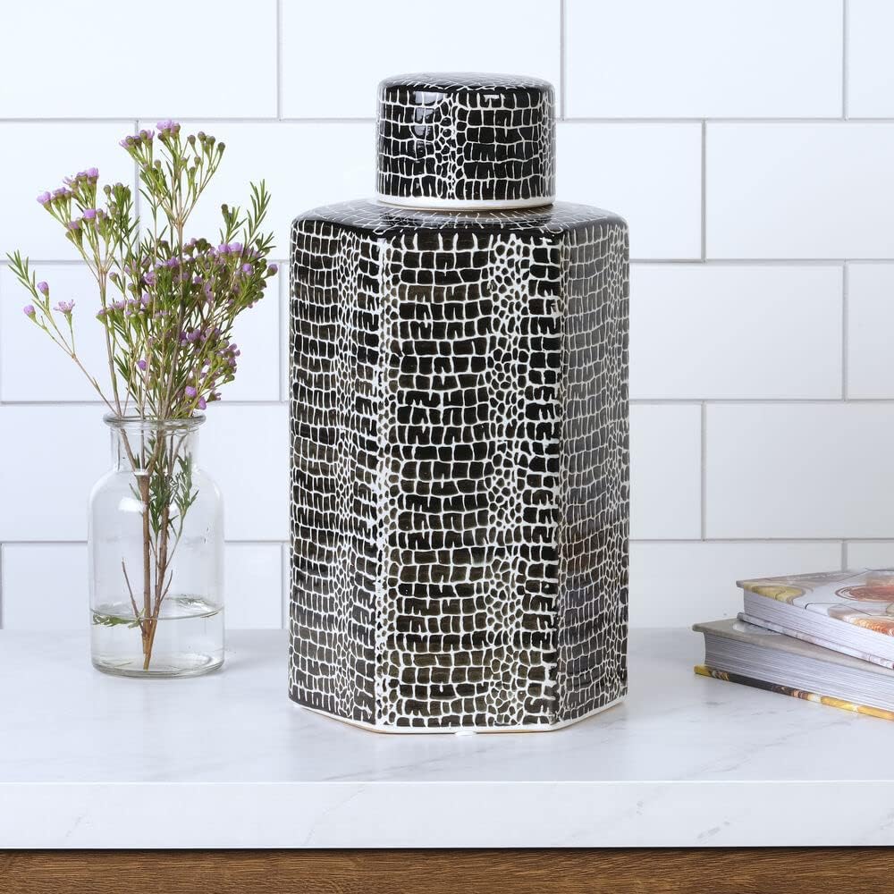 Mikasa Blue Crackle Ceramic Canister, Store Small Household Items or Display Faux Florals, Black and White