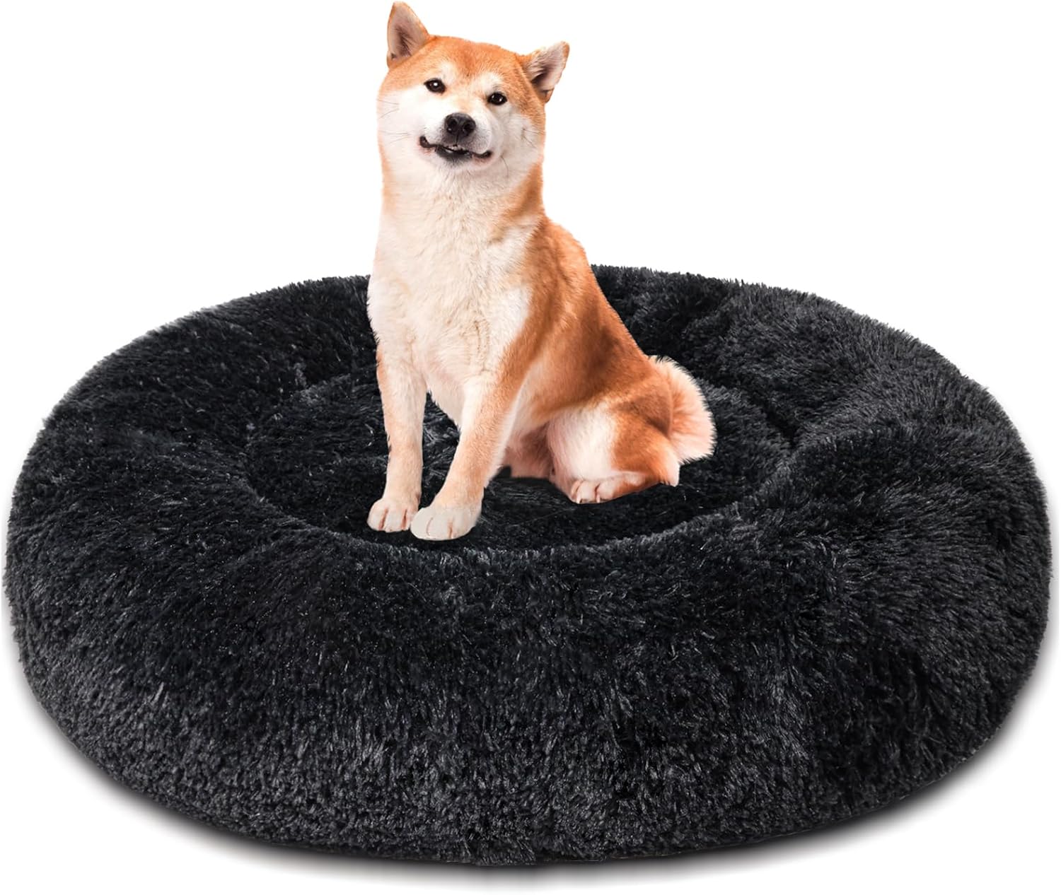 Patas Lague Calming Dog Bed for Large Dogs, Fluffy Soft Cozy Cat Bed, Faux Fur Anti-Anxiety Plush Washable Pet Donut Cuddler for All Seasons 36IN, Black