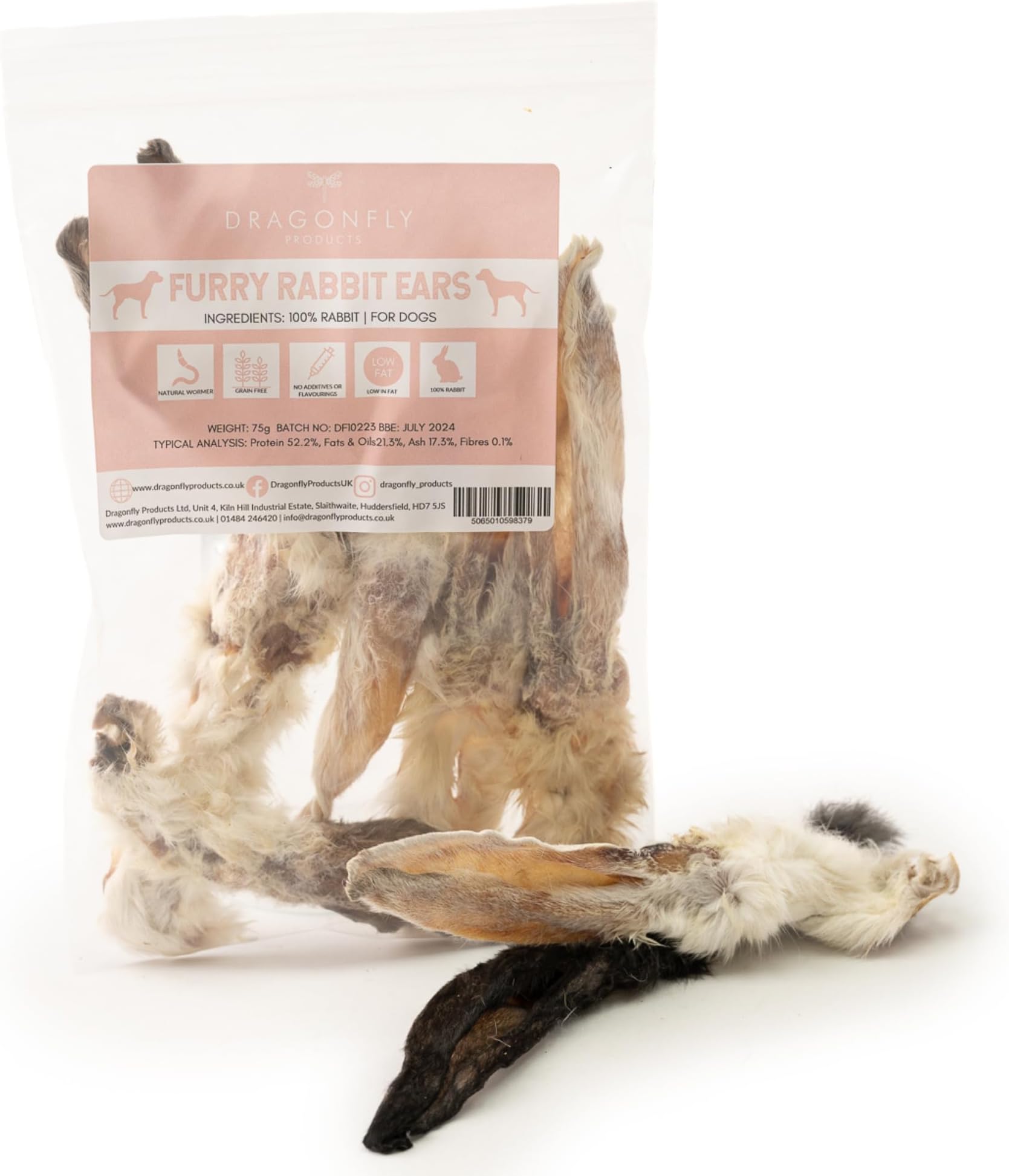 Dragonfly Products Rabbit Ears With Fur Dog Chews | 300g (18-22 pieces) | Natural, Healthy, Grain Free & Hypoallergenic | Suitable for Dogs and Puppies