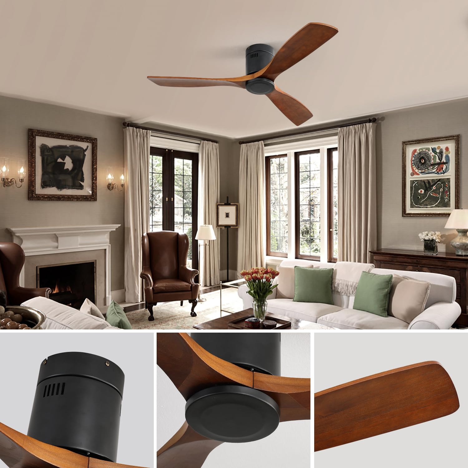 Ventilador de Techo de Madera de 52 Pulgadas con Motor DC Reversible, Control Remoto y 6 velocidades, Montaje Empotrado, para salón, Dormitorio, Cocina y Porche Cubierto