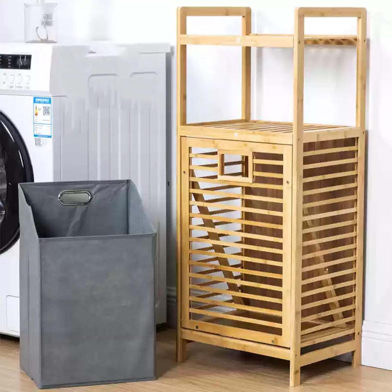 3-Tier Laundry Basket Organizer Bamboo Hamper with Removable Bags 15.7x11.8x37.4in Tilt Out Laundry Hamper with Shelf Laundrysorter Basket Organizer for Bathroom(White)