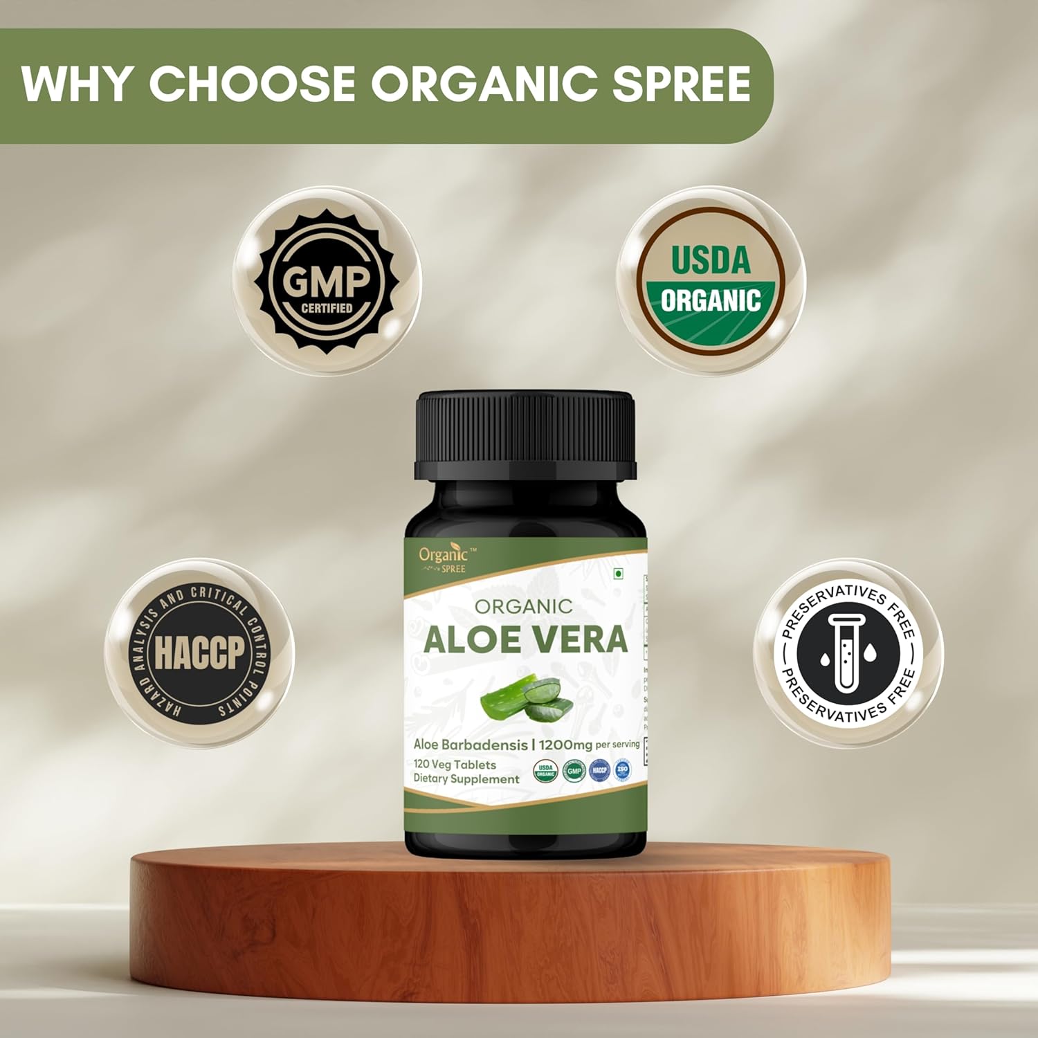 ORGANIC SPREE Aloe Vera Tablets | Aloe Barbadensis(Aloe Vera) | USDA Organic | Supports Digestion & Skin Health* | Dietary Supplement 120tab