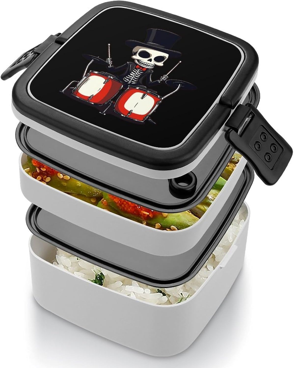 Skeleton Drummer Music Skull Bento Box with Spoon 2 Layer Food Container Cute Lunch Box for Travel Dining Work