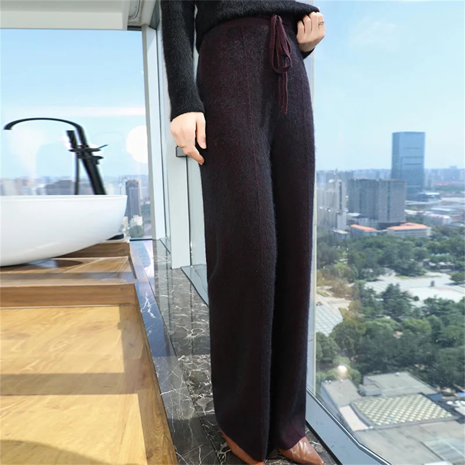 Kelsiop Pantaloni da donna a gamba larga con lacci elasticizzati in vita pantaloni in cashmere pantaloni invernali piatti senza deformazioni