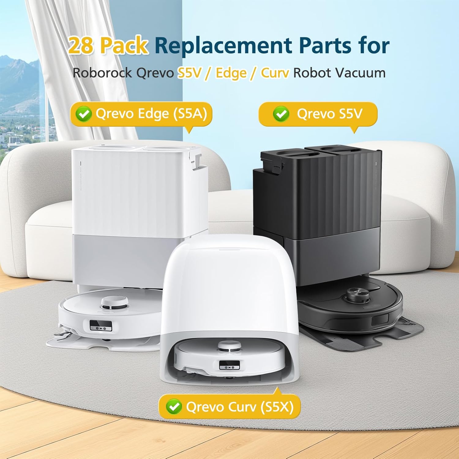 Qrevo S5V Replacement Parts for Roborock Qrevo S5V / Curv/Edge/Edge S5A / Curv S5X, Accessories include 2*Set Main Brush, 6*Mop Pads, 6*Vacuum Bags, 4*Hepa Filters, 6*Side Brush, 2*Cleaning Tool