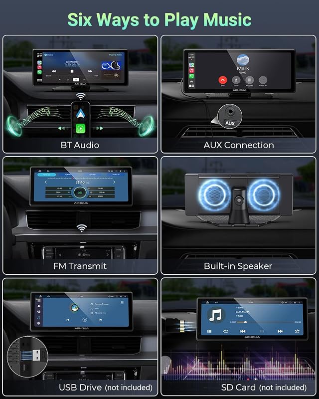 aphqua 10.26" Hordozható Autós Kijelző Apple CarPlay Android Auto GPS Navigáció Bluetooth Érintőképernyő IPS Touchscreen USB AUX FM