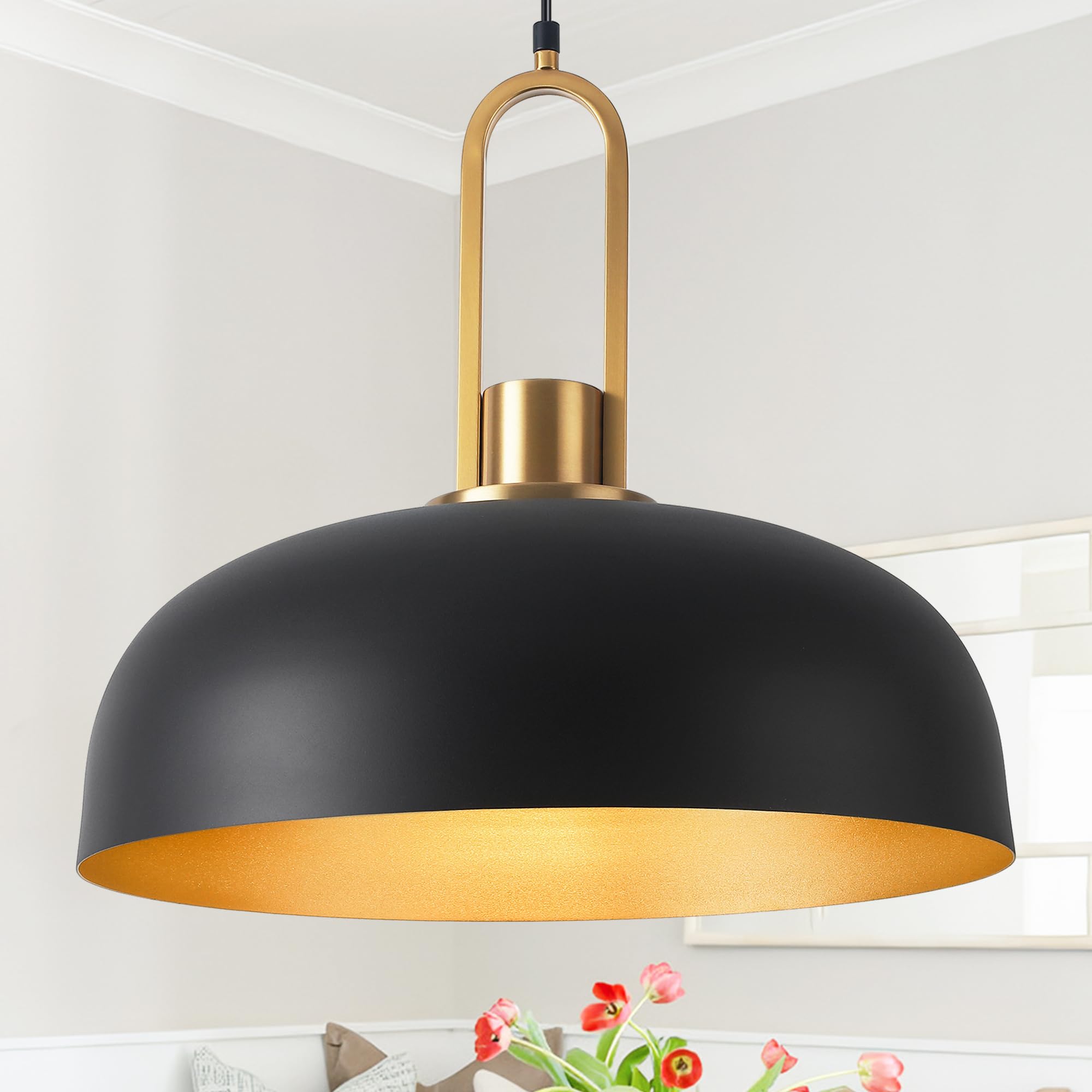 Black and Gold Pendant Light Fixtures, Large Dome Farmhouse Vintage Chandelier for Kitchen Island, Modern Pendant Lighting for Dining Room Bedroom Hallway - 17.72 Inch