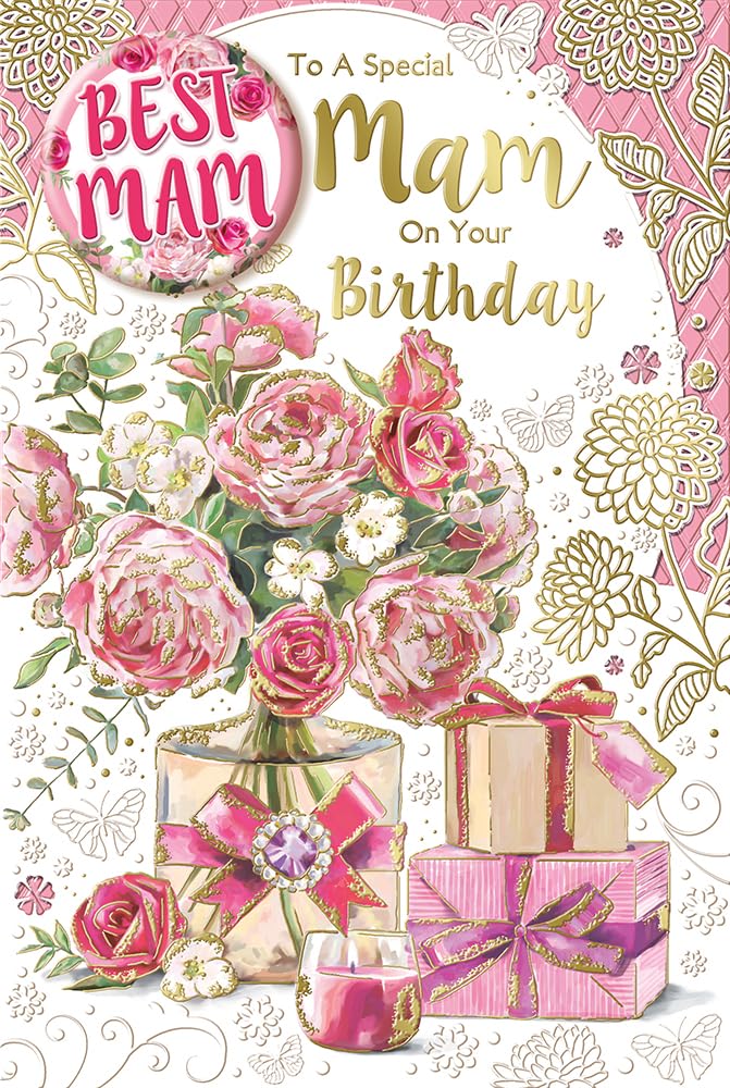 "Express Yourself" Birthday Card To A Special Mam On Your Birthday – White and Pink theme with some pink flowers and some gifts.
