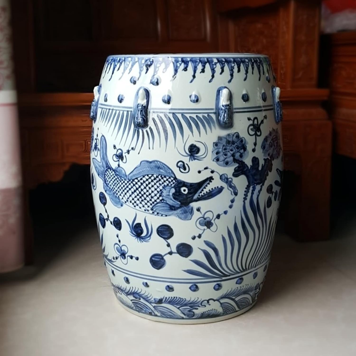 Decorative Garden stools, Antique Ceramic Drum Stool Pier, Hand-Painted Blue and White Porcelain Dressing Stool Pier, Garden Side Table, Bench and Chair.